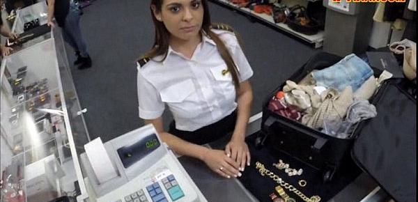  Sexy Latina stewardess pawns her pussy then fucked for cash